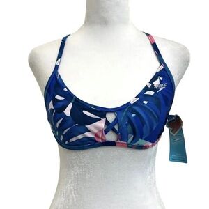 Speedo Endurance Blue Tropical Leaf Strappy Front Bikini Swim Top
